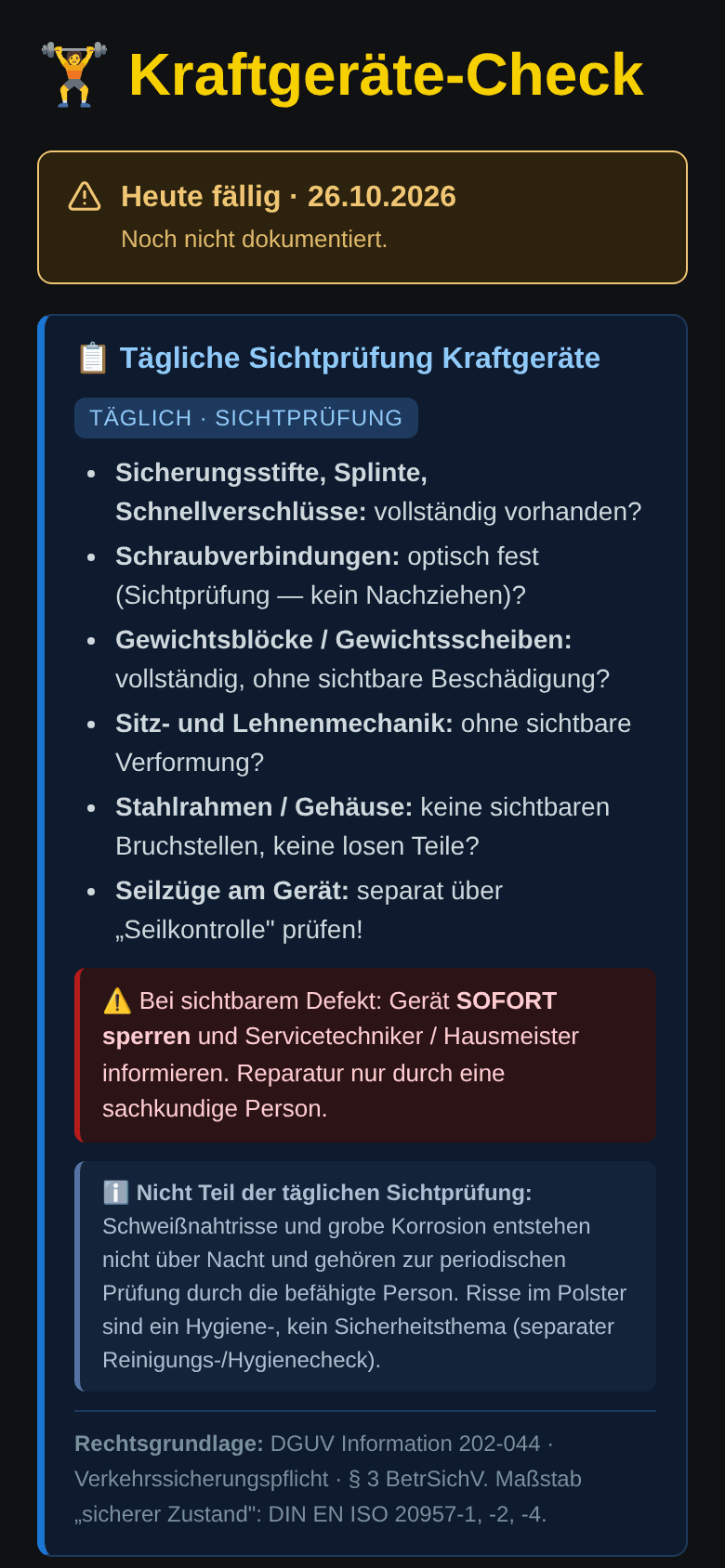 Tagescheck in GymDocu: Checkliste der täglichen Sichtprüfung der Kraftgeräte mit Anweisungen, Warnhinweis und Rechtsgrundlage. Beispieldaten aus einer Testumgebung.