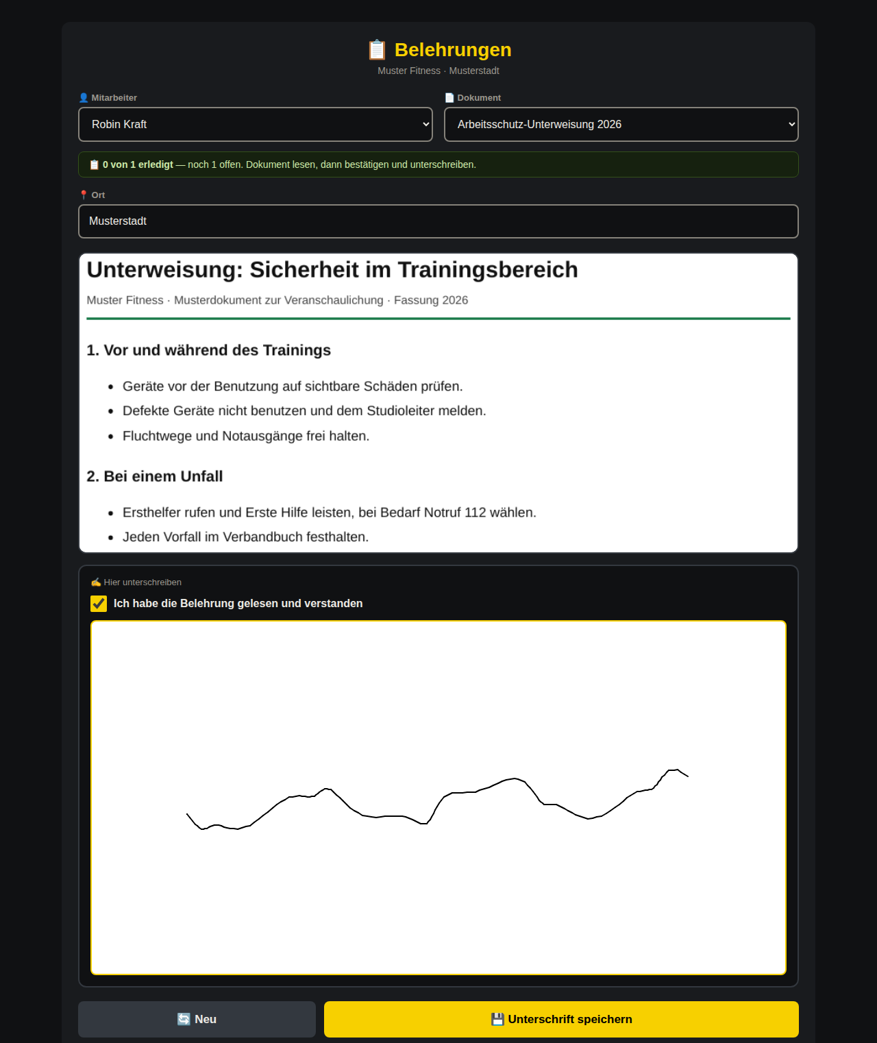 Tablet-Ansicht von GymDocu: Eine Mitarbeiterin wählt eine Belehrung und unterschreibt im Unterschriftsfeld. Beispieldaten aus einer Testumgebung.